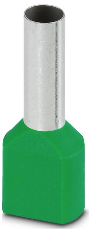 A silver and green electrical wire ferrule with a rectangular insulated section and exposed metal tube for secure wire connection.