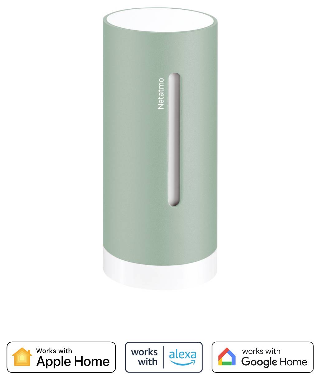 Dispositif cylindrique vert étiqueté 'Netatmo' sur le côté, compatible avec Apple Home, Alexa et Google Home comme indiqué par les icônes ci-dessous.