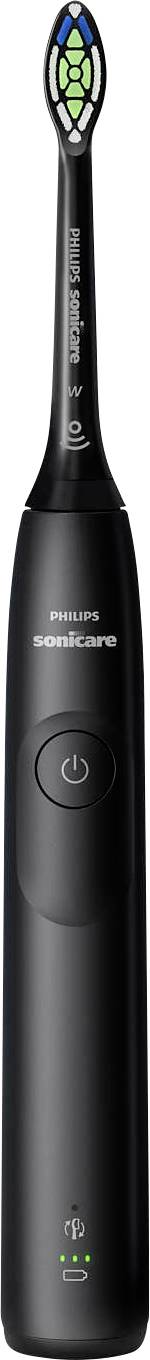 « Brosse à dents électrique Philips Sonicare noire avec bouton marche/arrêt et indicateurs de charge sur le manche. »