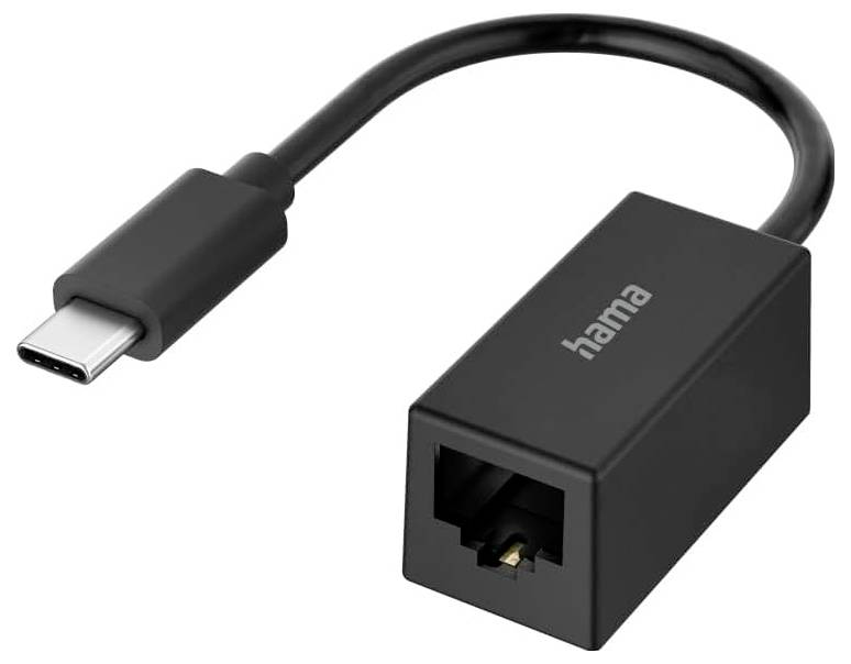 Un adaptateur USB-C vers Ethernet noir avec un cordon, conçu pour connecter des appareils USB-C aux réseaux internet filaires, étiqueté 'hama'.