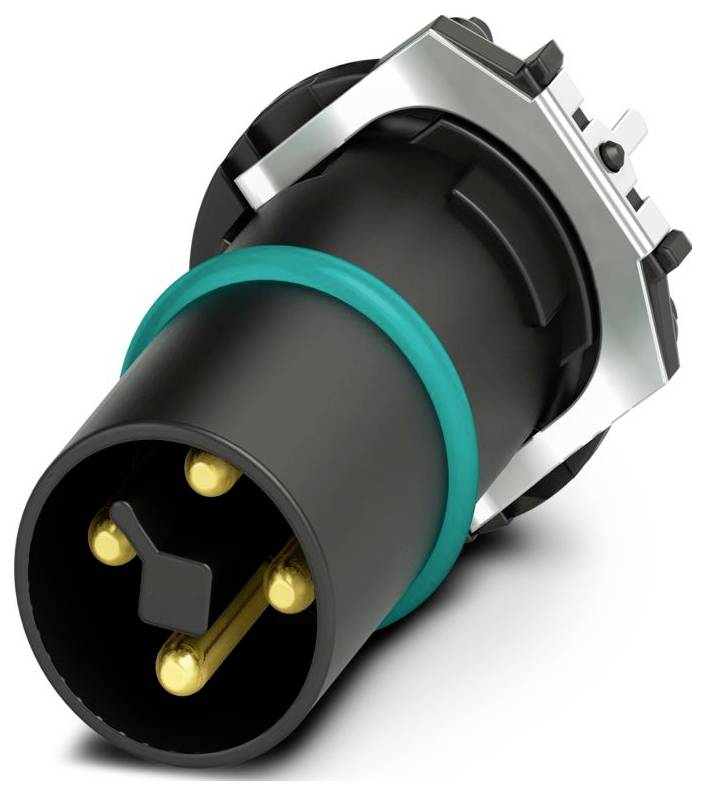 Un connecteur électrique noir et argenté avec trois broches dorées et une bague verte, utilisé pour sécuriser les connexions électriques dans les appareils.