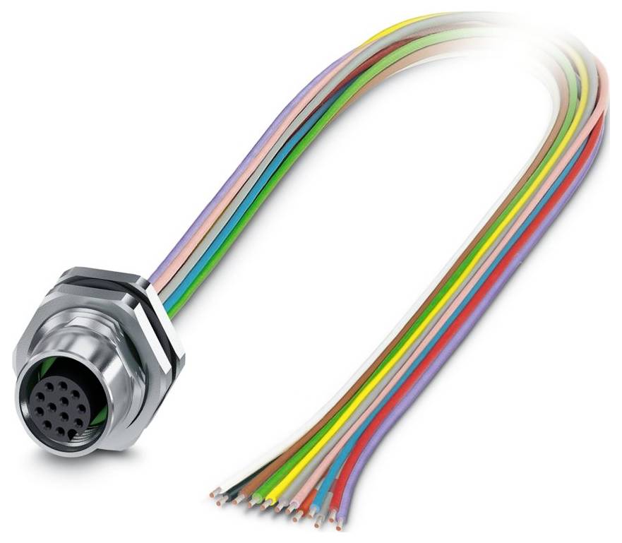 Un connecteur circulaire multi-broches avec des fils de couleurs arc-en-ciel attachés, utilisé pour connecter des composants électroniques.