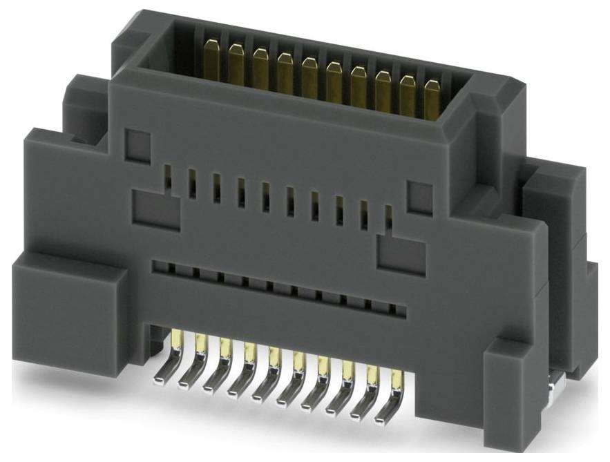 Un gros plan d'un connecteur électronique de forme rectangulaire, comportant de multiples broches métalliques pour les connexions électriques, monté dans un boîtier en plastique noir.