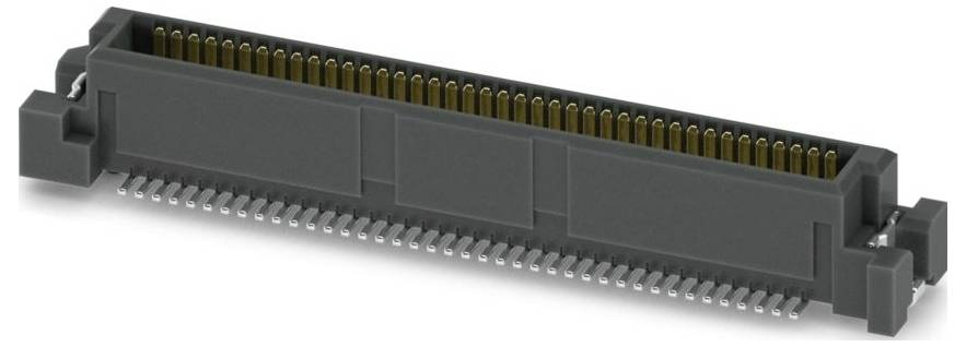Un connecteur électrique rectangulaire noir avec plusieurs broches dorées, conçu pour l'assemblage de cartes de circuits imprimés.