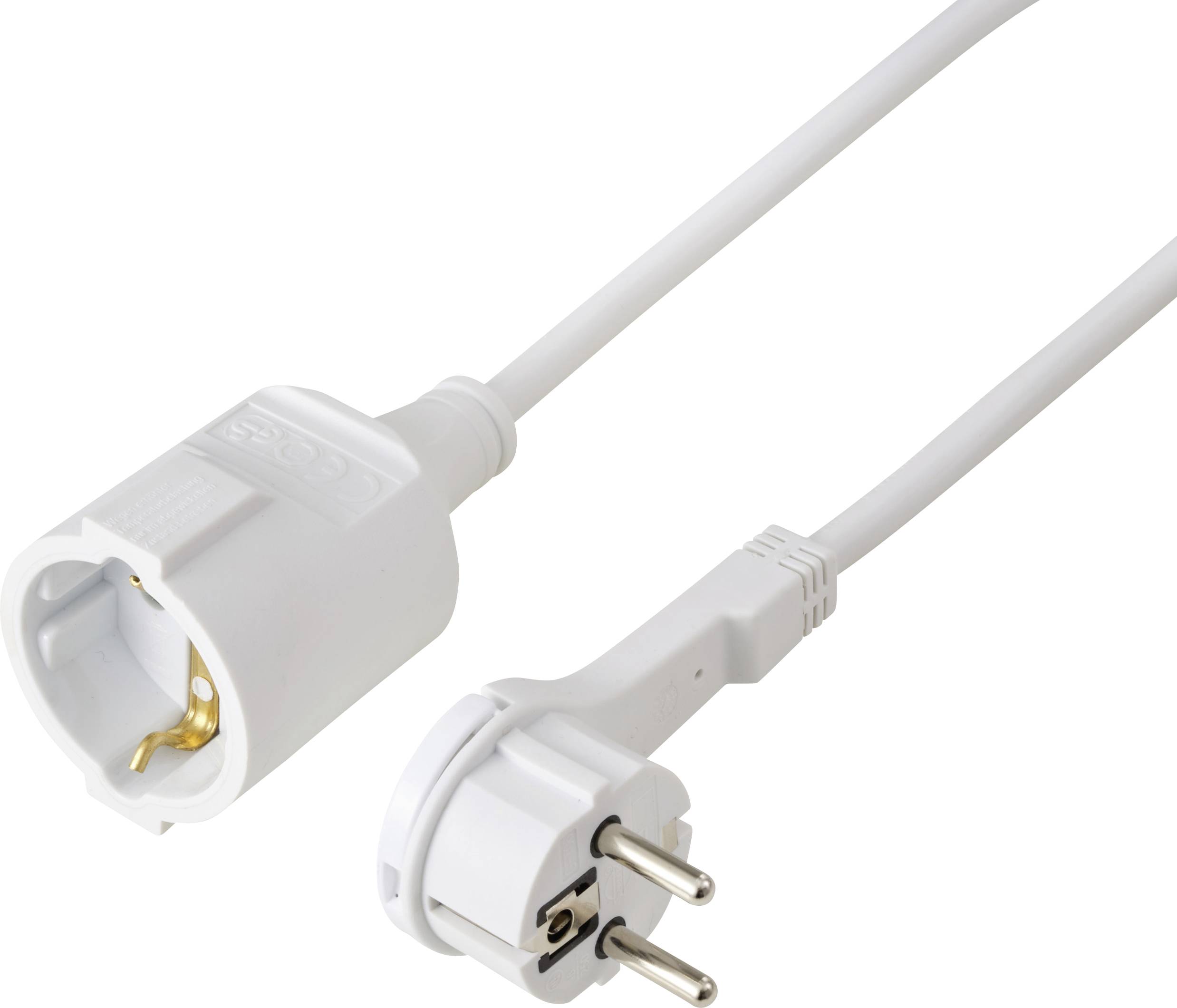 Une fiche électrique européenne blanche avec un design à deux broches est présentée, connectée par un câble à un adaptateur de prise, les deux sur un fond blanc propre.