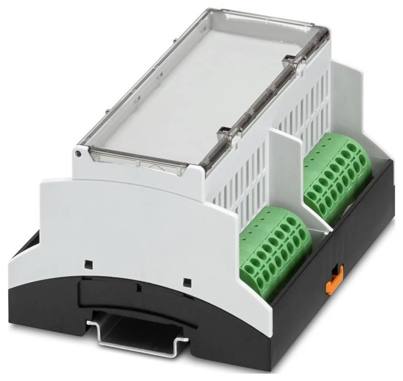 Un appareil électronique avec un boîtier blanc et deux blocs de bornes verts, probablement utilisé pour les connexions électriques ou comme partie d'un système industriel.