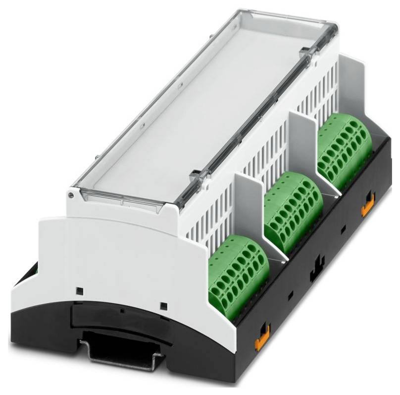Un dispositif électronique modulaire comportant trois blocs de bornes verts, utilisé pour les connexions électriques, logé dans un boîtier blanc et noir ventilé.
