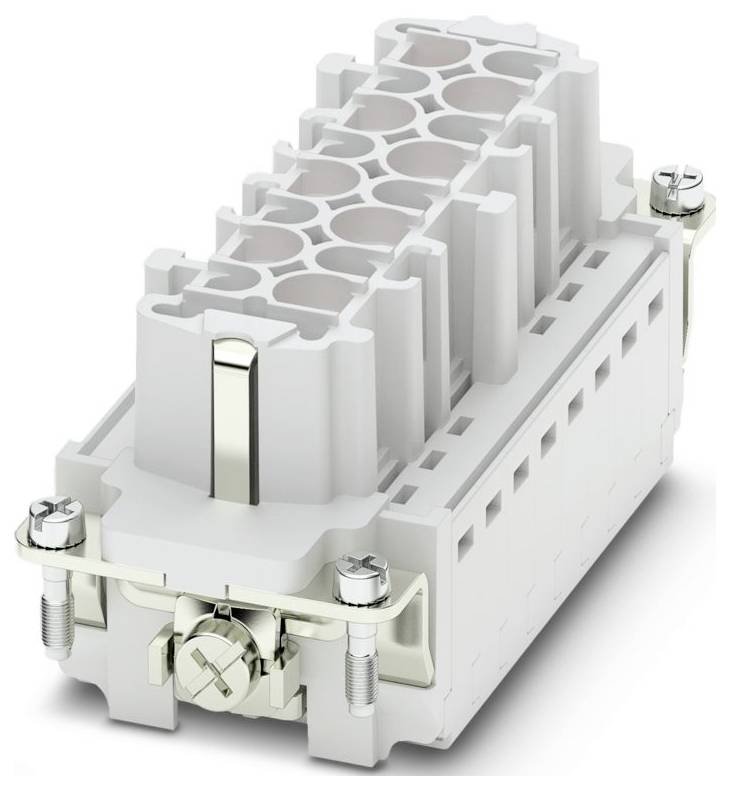 Un connecteur industriel blanc avec plusieurs fentes et des composants de fixation métalliques, utilisé pour les connexions électriques dans les machines ou les appareils.