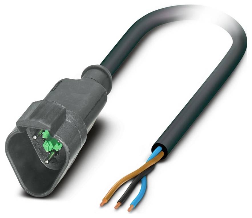 A gray electrical cable with a three-pronged plug on one end and three exposed wires (blue, brown, black) on the other end.