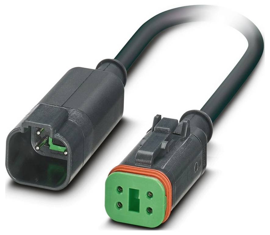 Deux connecteurs électriques noirs et verts, l'un mâle et l'autre femelle, avec des joints orange, reliés par un câble noir sur un fond blanc.