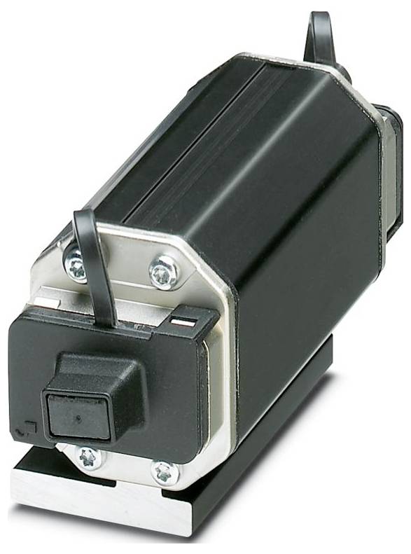 Un appareil électronique rectangulaire noir avec deux fils noirs qui en sortent, monté sur une base métallique.