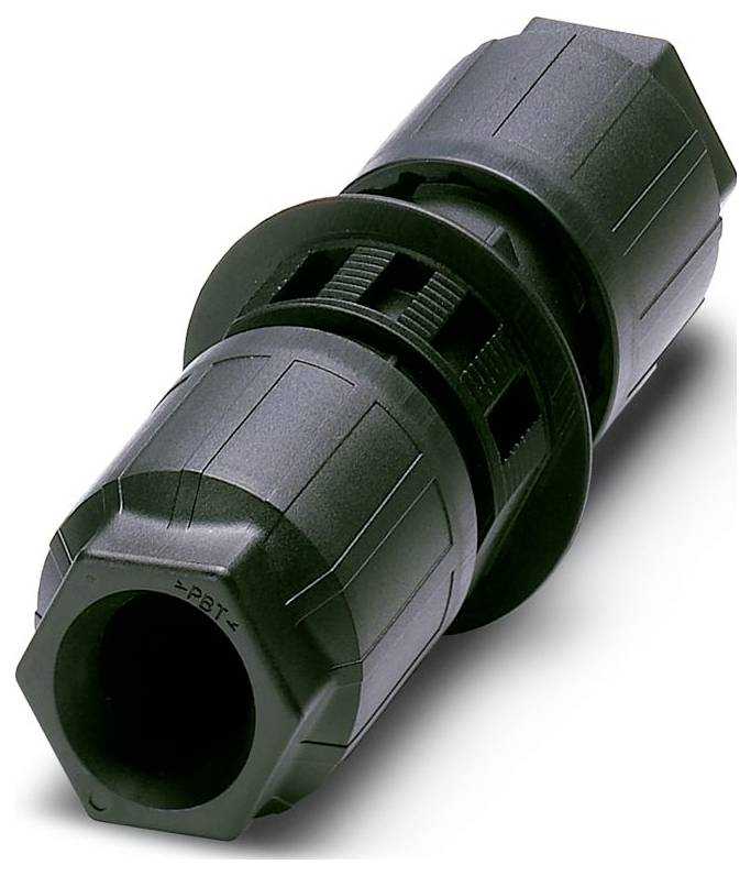 Un connecteur cylindrique noir avec des pièces imbriquées, utilisé pour les connexions articulaires sécurisées dans les systèmes électriques ou mécaniques.