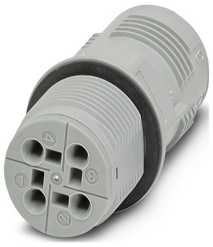Un gros plan d'un connecteur industriel gris avec quatre prises circulaires numérotées, arrangées en carré avec une texture nervurée, vue de dessus.