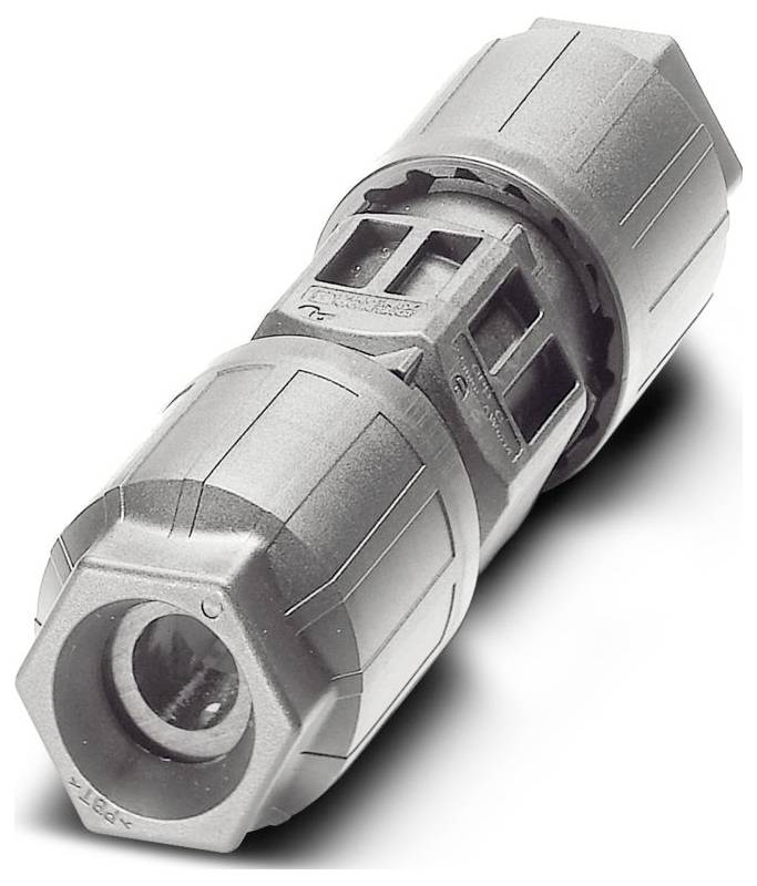 A cylindrical, gray plastic electrical connector with grooved edges and threaded ends for secure attachment, showing internal contacts.