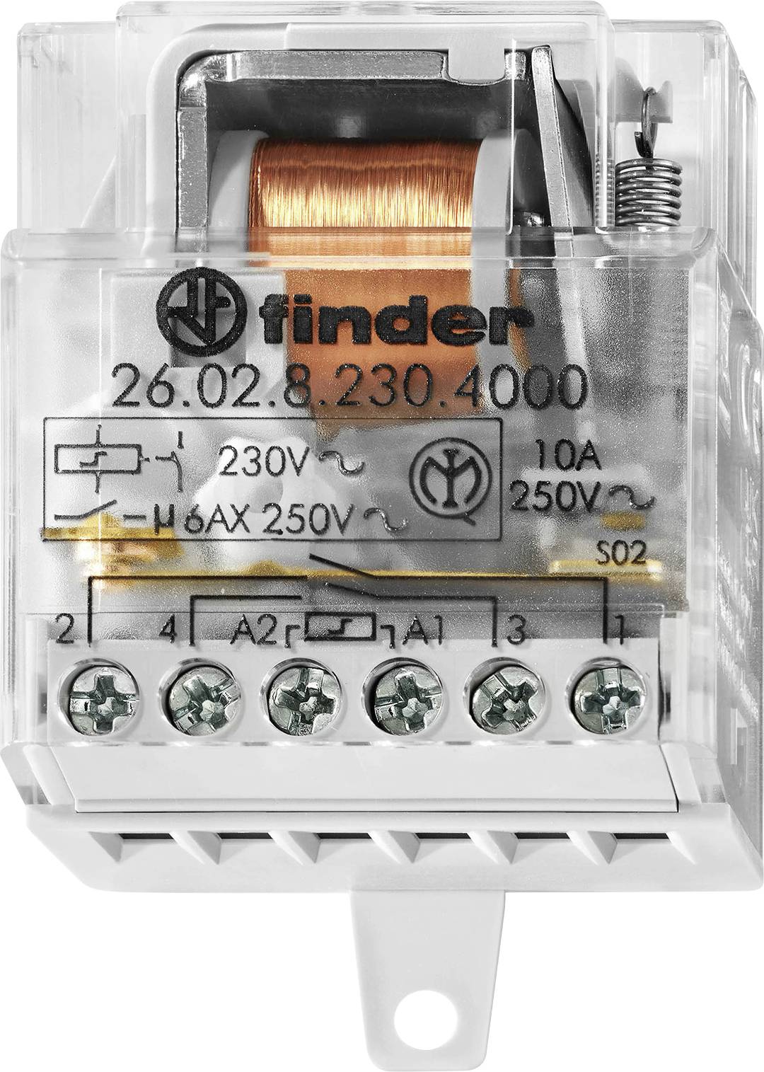 Relais Finder 26.02, 230V, 10A, 250V. Composant électrique compact avec bornes à vis et bobine de cuivre visible à l'intérieur d'un boîtier transparent.
