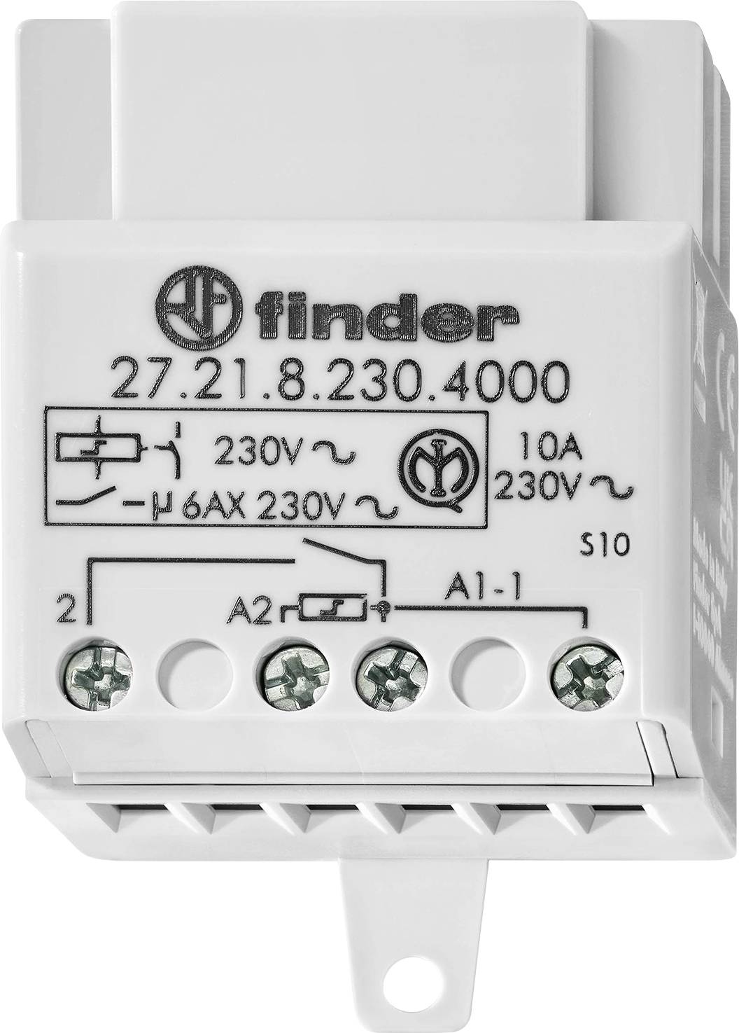 Module relais Finder, modèle 27.21.8.230.4000, avec bornes à vis pour les connexions électriques et spécifications étiquetées sur sa surface.