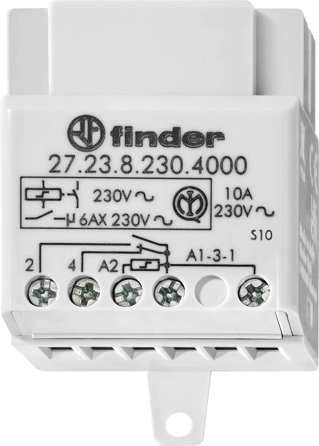 Un relais électrique portant le numéro de modèle 27.23.8.230.4000, dont les spécifications détaillent 230V, 10A, et un schéma des connexions de circuit.