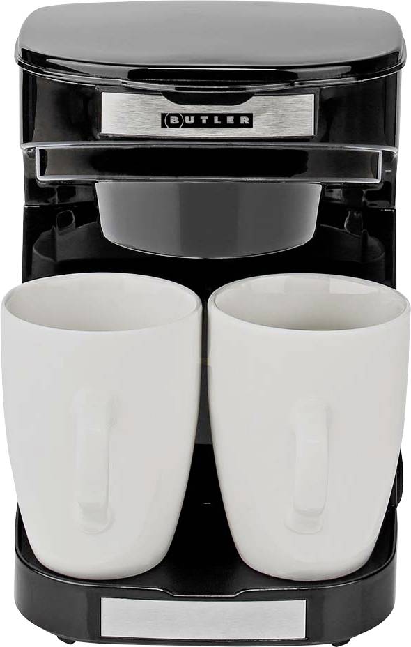 Un cafetière noir avec l'étiquette 'OUTLER' prépare simultanément deux mugs blancs, suggérant une fonction de préparation à double tasse.