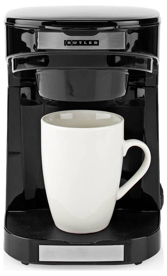 Un cafetière noire avec une tasse blanche posée sur le plateau égouttoir.