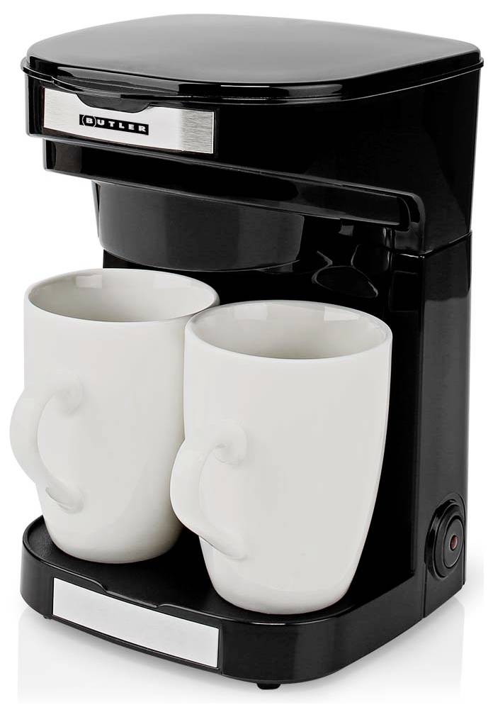 Un cafetière noire avec deux tasses blanches placées sous les becs de sortie, prête à préparer du café.