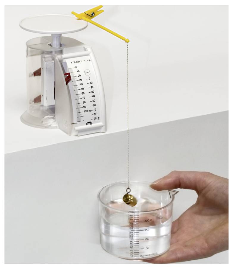 'Demonstration of Archimedes' principle: A beaker filled with water, a hand holding a gold ball dipped inside, and a spring scale measuring the weight change.'