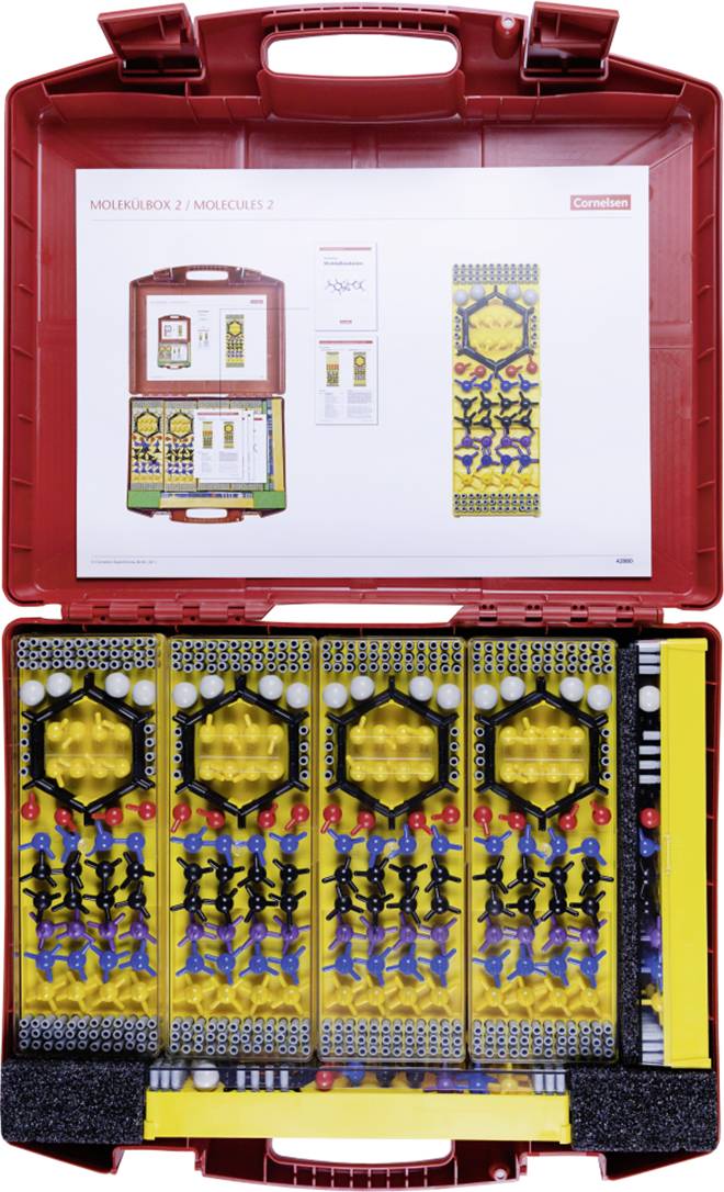 Image showing a page with molecular model kits labeled 'Molekülbaukästen 1 und 2'. Features yellow and white components with numbered parts.