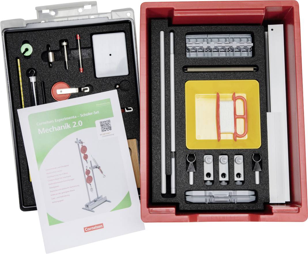 Kit pédagogique « Mechanik 2.0 » avec divers outils et composants organisés dans une boîte, accompagné d'un manuel.