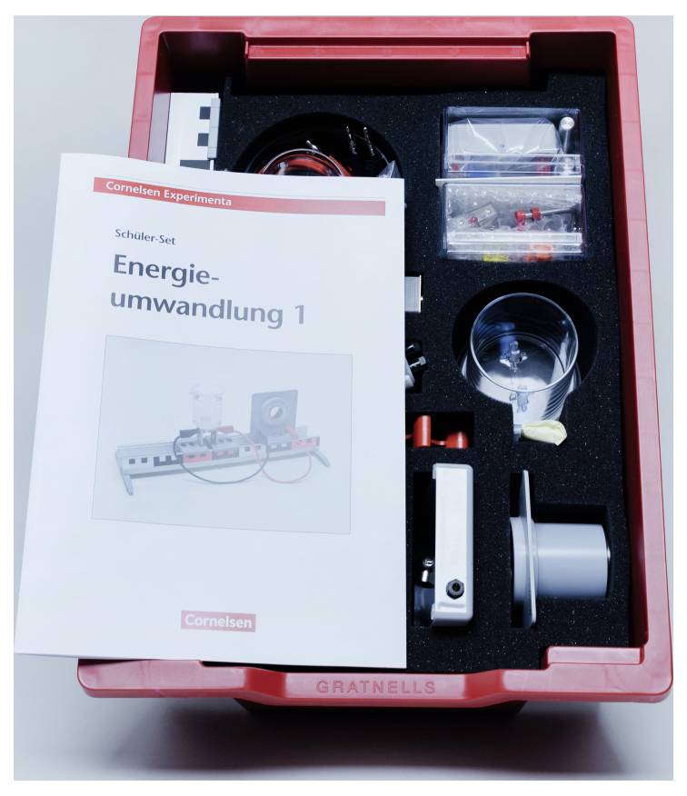 The image shows a red educational kit box labeled 'Gratnells' containing components for teaching energy conversion, with a booklet titled 'Schüler Set Energieumwandlung 1'.