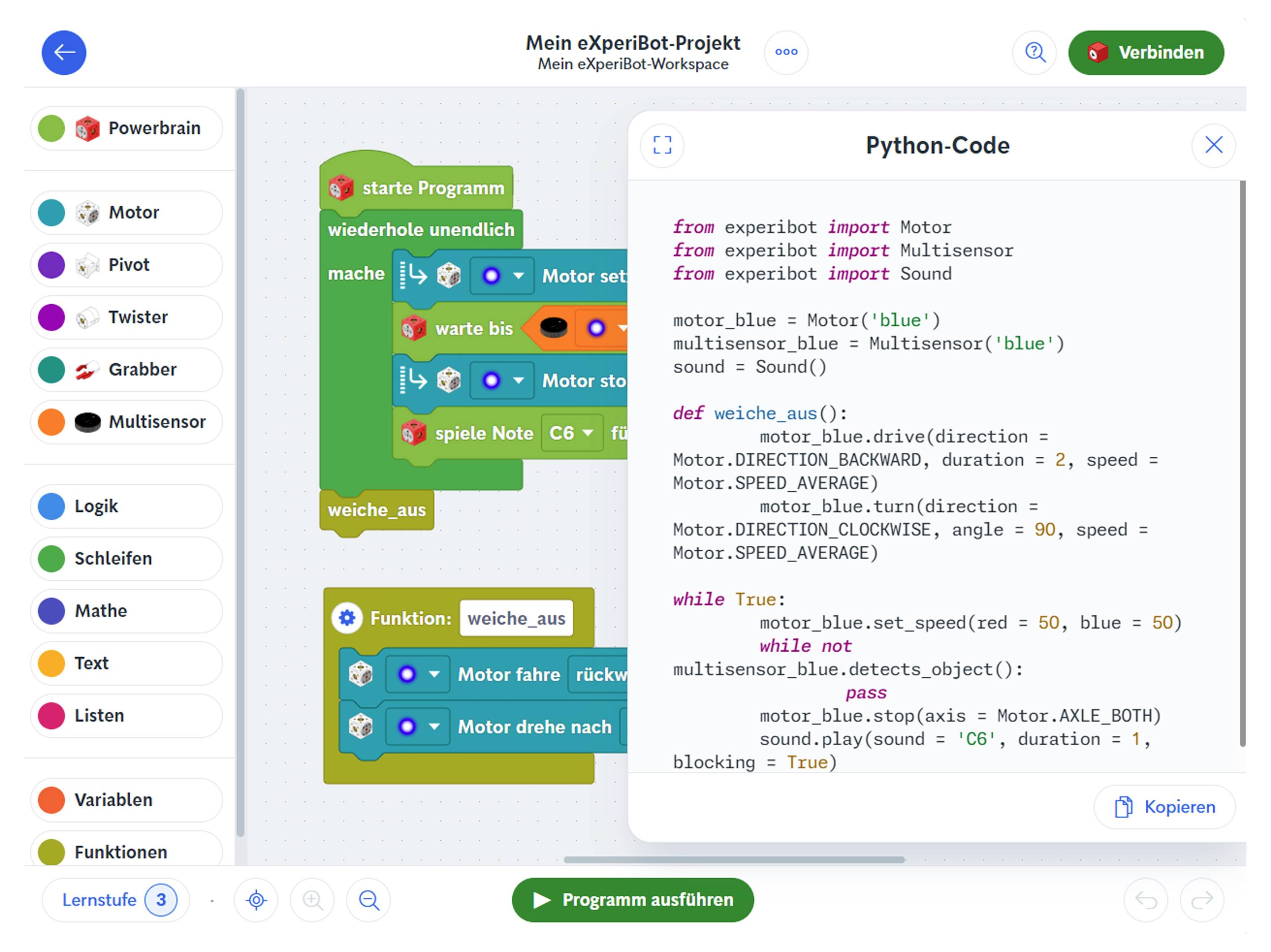 A coding interface showing a Python script for controlling a motor robot. Interface includes blocks for sound, motion, and functions.