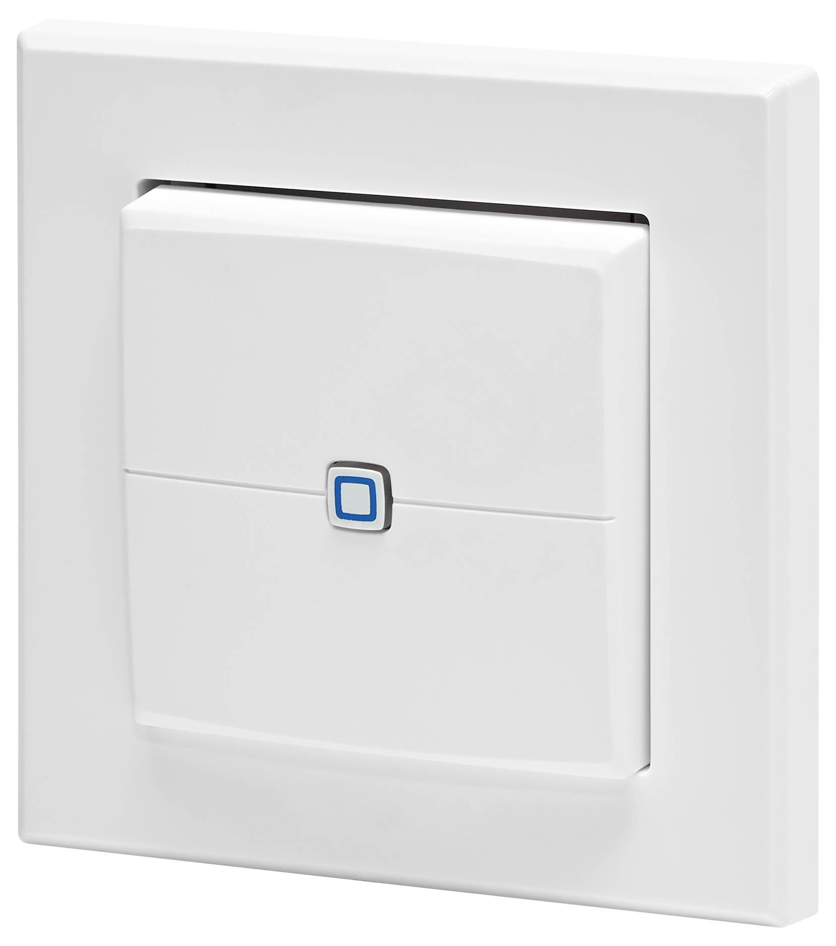 Un interrupteur mural blanc avec un petit carré bleu indicateur au centre, suggérant un design moderne et minimaliste.