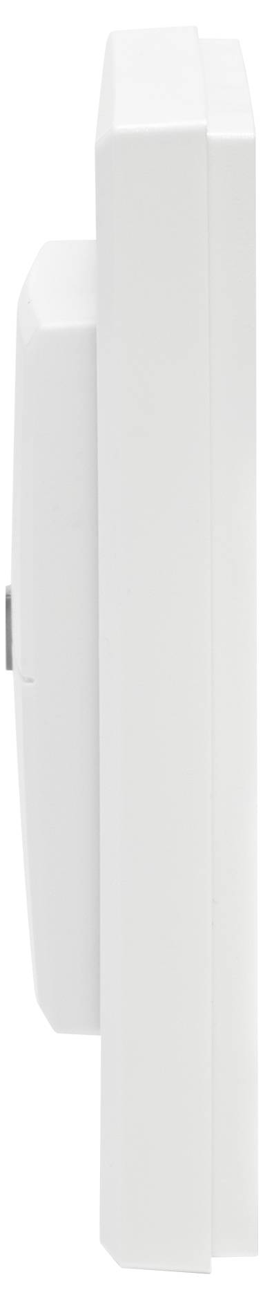 Vue de côté d'un appareil électronique blanc rectangulaire avec un design compact et minimaliste, mettant en valeur son profil fin.