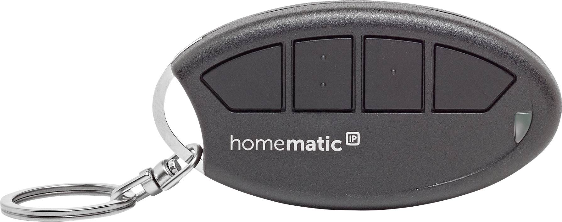 Une télécommande porte-clés noire étiquetée 'homematic IP' avec quatre boutons pour contrôler des appareils connectés, dotée d'une boucle métallique pour l'attache.