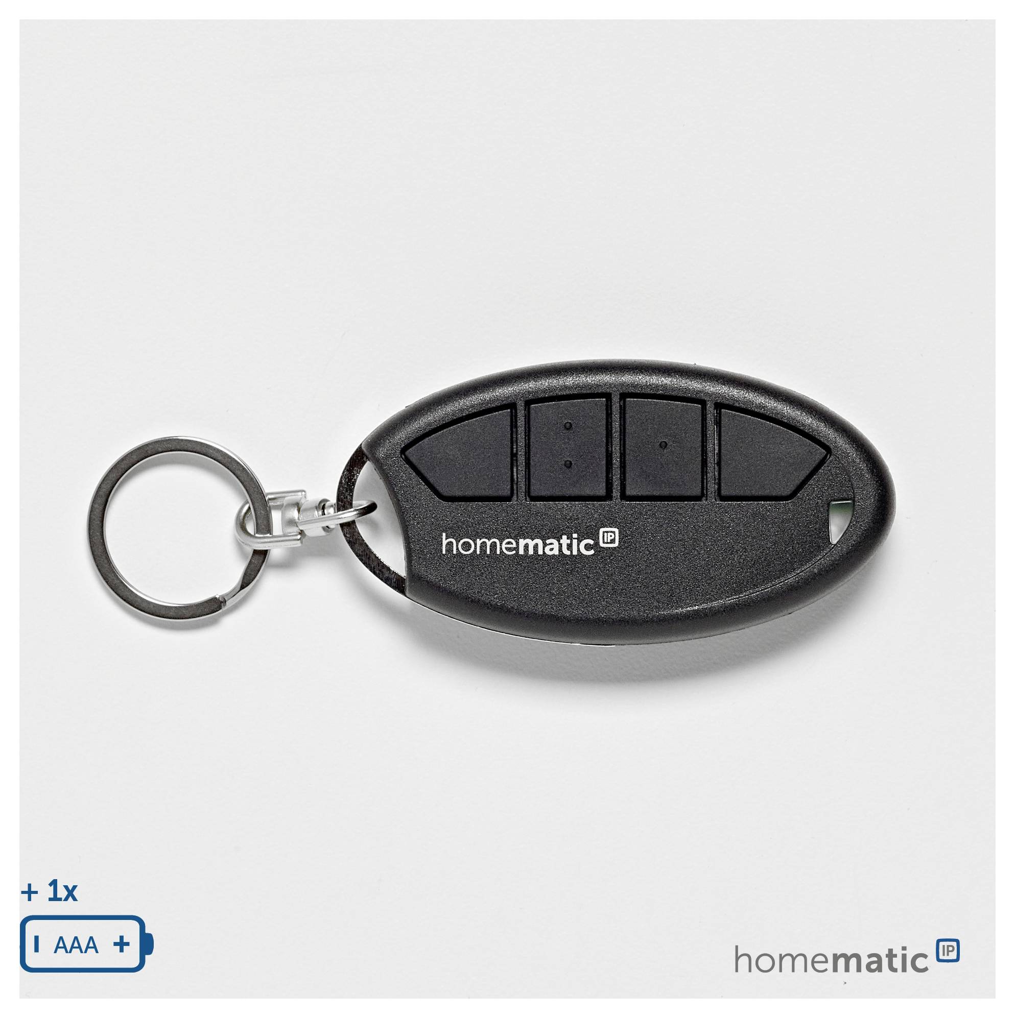« Une télécommande ovale noire avec trois boutons, étiquetée homematic, attachée à un porte-clés ; comprend une pile AAA. »