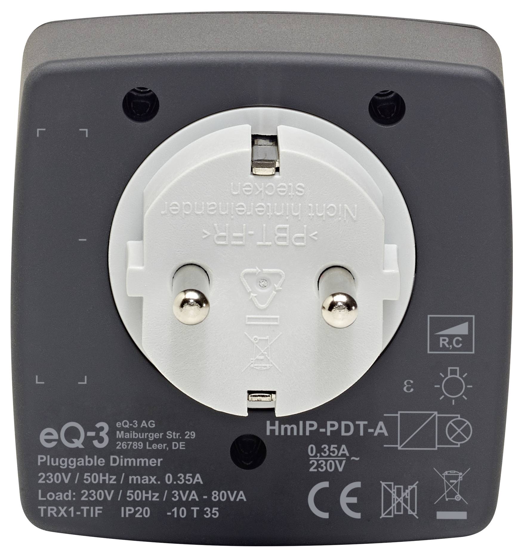 Un interrupteur variateur avec une prise européenne, portant l'étiquette « eQ-3 » et « HmIP-PDT-A », indiquant les spécifications : 230 V, 50 Hz, Max 0,35 A.