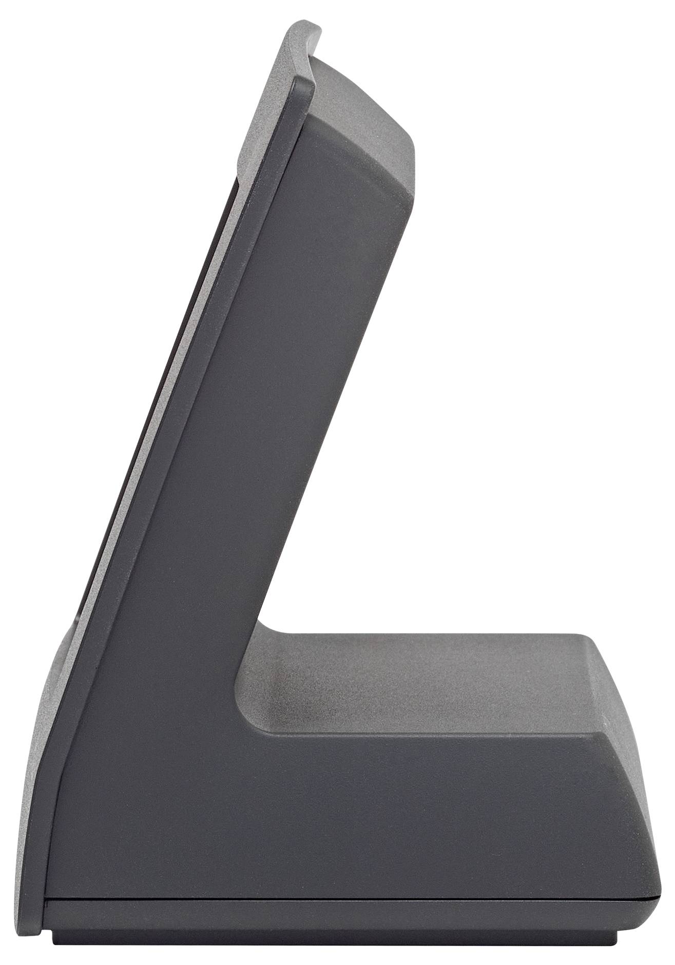Un support électronique gris foncé, vu de côté, avec une surface de support légèrement inclinée et une base plate.