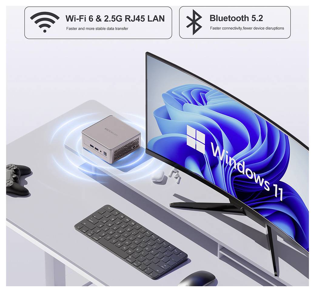 A sleek, modern computer setup featuring a compact PC next to a curved monitor displaying 'Windows 11'. Nearby are a keyboard and a game controller. Wi-Fi 6, RJ45 LAN, and Bluetooth 5.2 icons indicate connectivity features.
