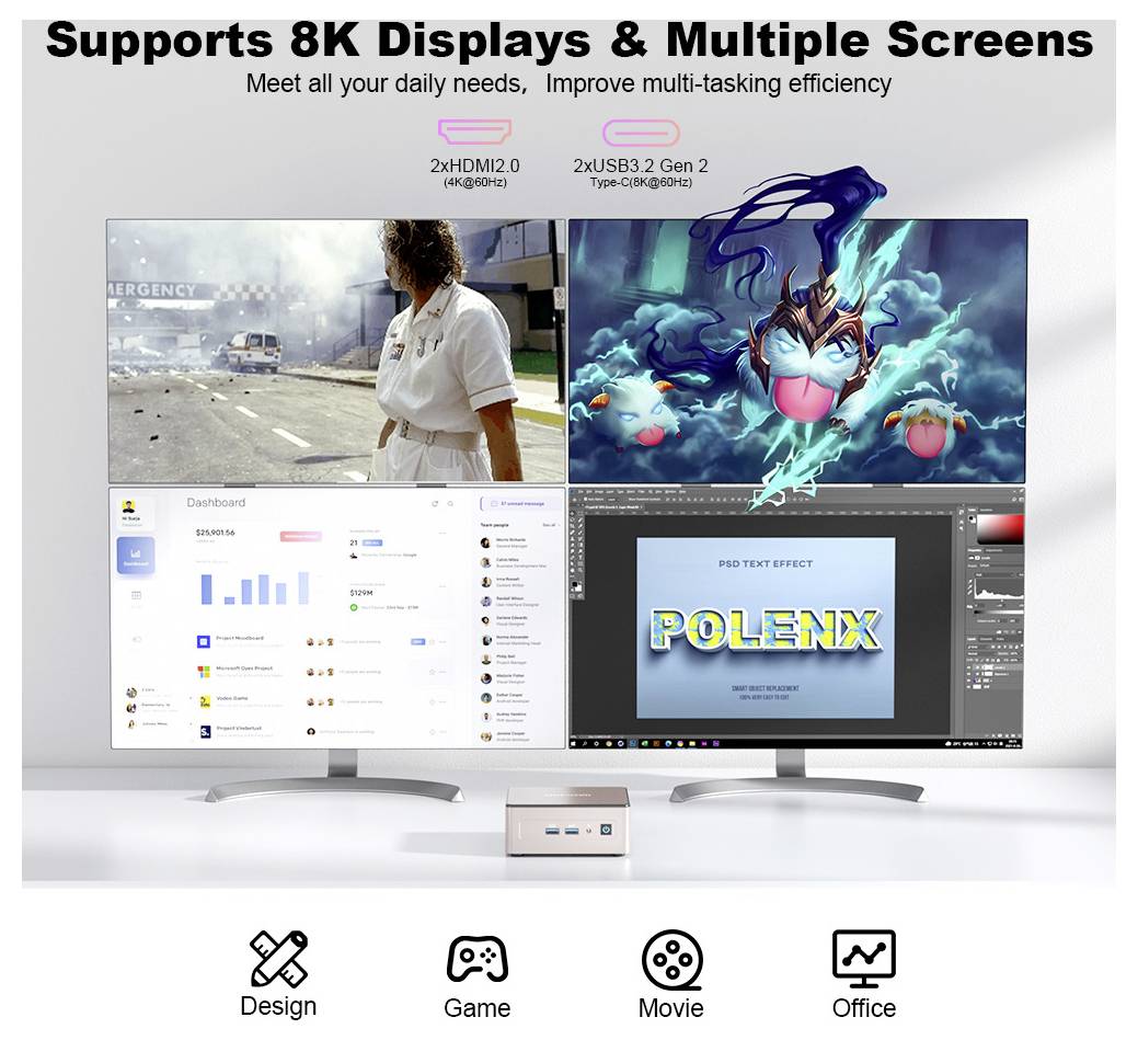 « Compatible avec les écrans 8K et écrans multiples »