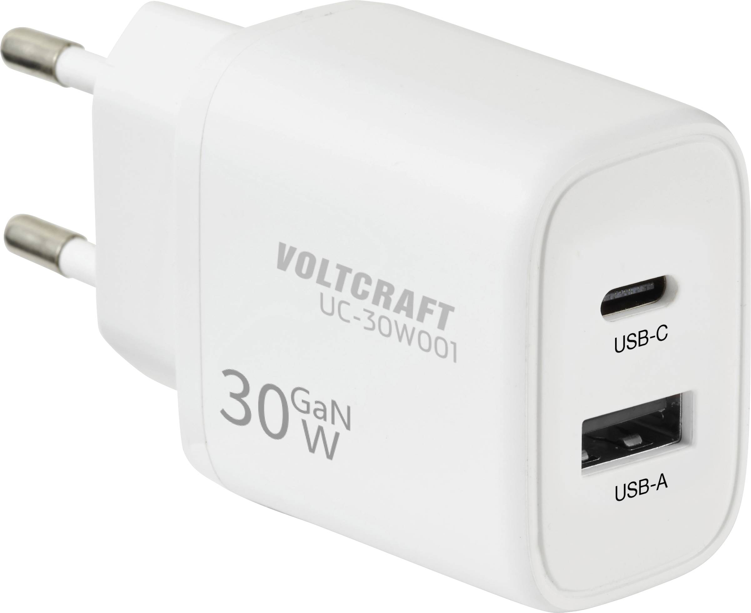Chargeur blanc Voltcraft UC-30W001 30W GaN avec ports USB-C et USB-A, doté d'une prise EU à deux broches, design compact.