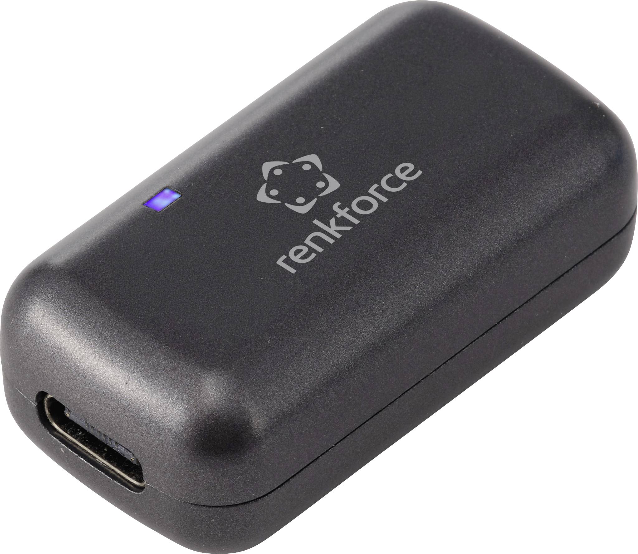 Petit appareil Tenforce USB-C noir avec un voyant lumineux bleu, présenté sur un fond blanc.