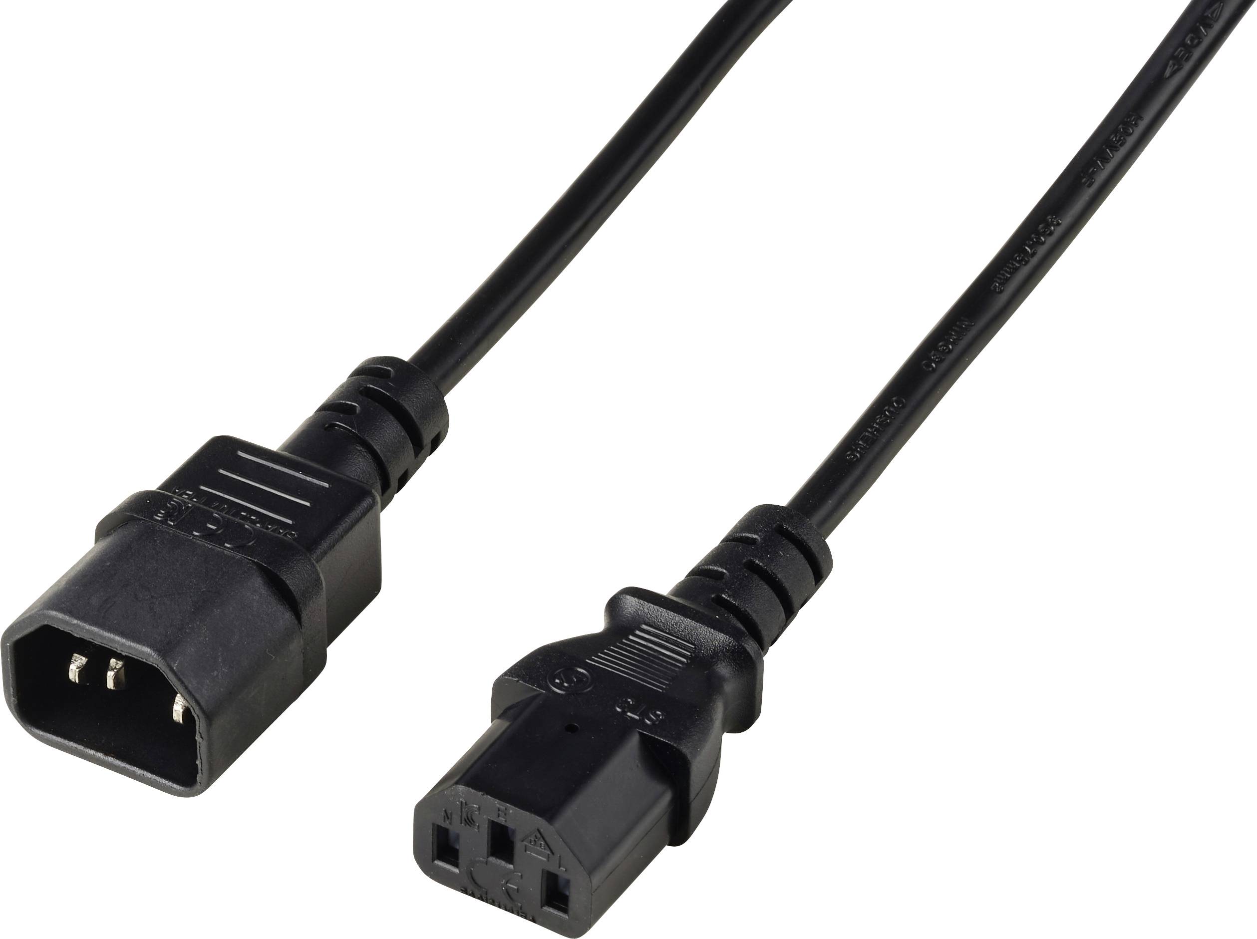 Câble d'alimentation noir avec connecteurs IEC, montrant une fiche mâle à trois broches à gauche et un connecteur femelle à trois fentes à droite.