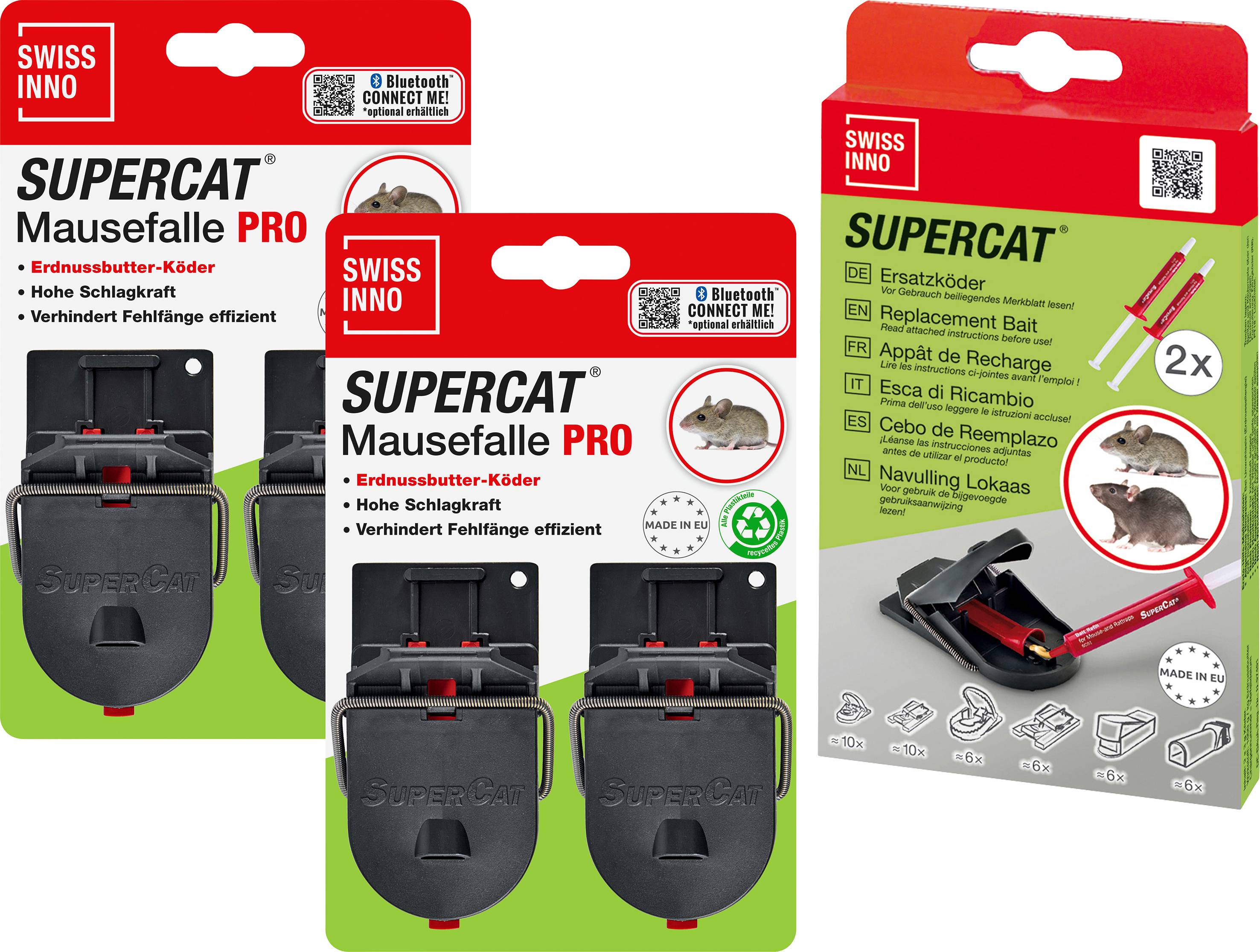 Bild zeigt die Verpackung der Swissinno SuperCat Mausefalle Pro und Ersatzköder. Zeigt Fallenbilder, Ratten und Produkthighlights.