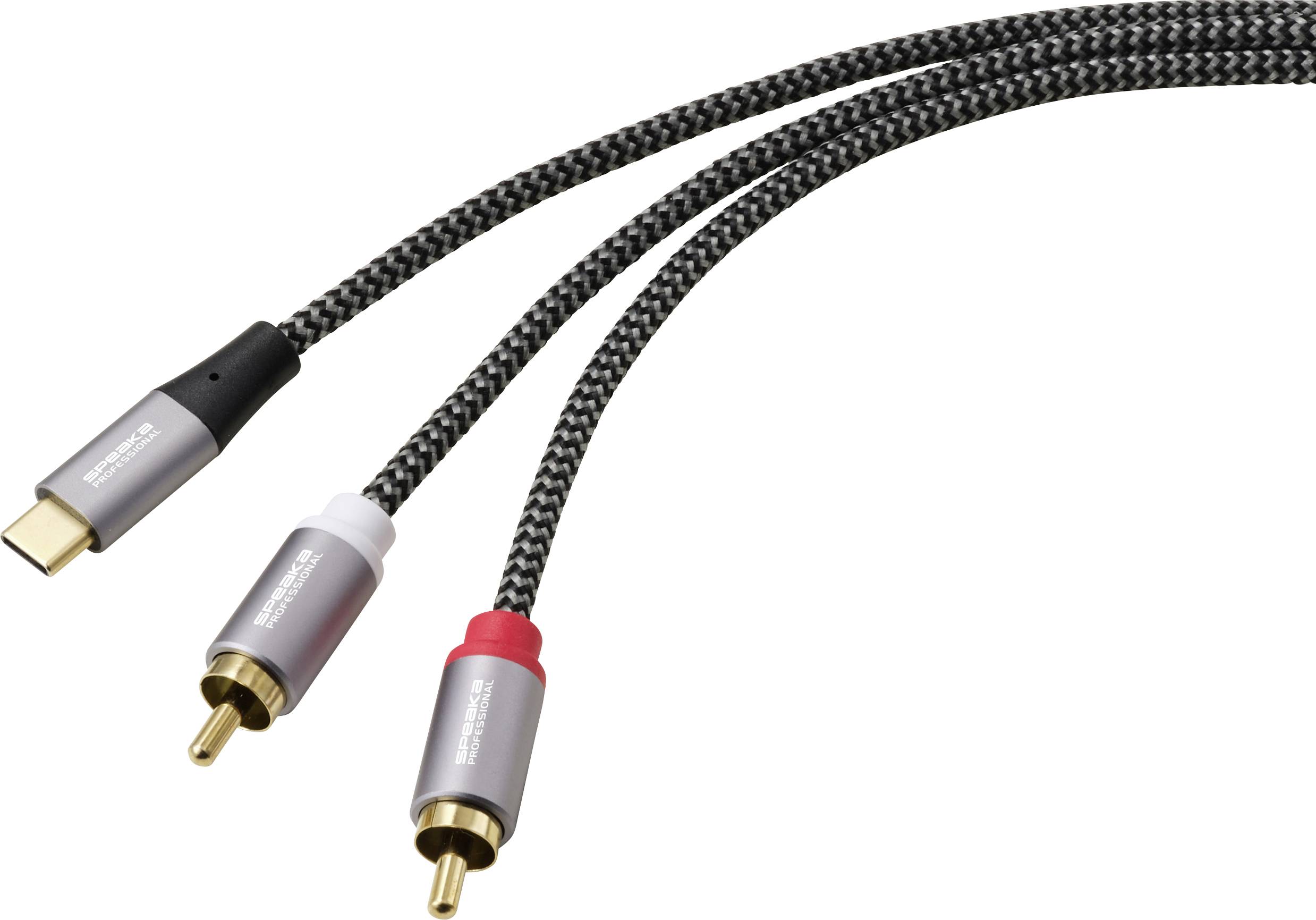 Trois câbles audio tressés : un avec connecteur USB-C et deux avec connecteurs RCA étiquetés « entrée audio ». Codage couleur noir, blanc et rouge.