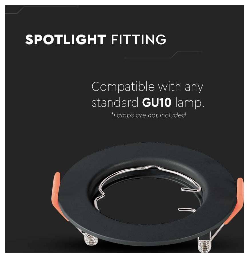 Spot rond noir compatible avec les lampes GU10. Comprend des clips oranges. Texte : « Compatible avec toute lampe GU10 standard. »