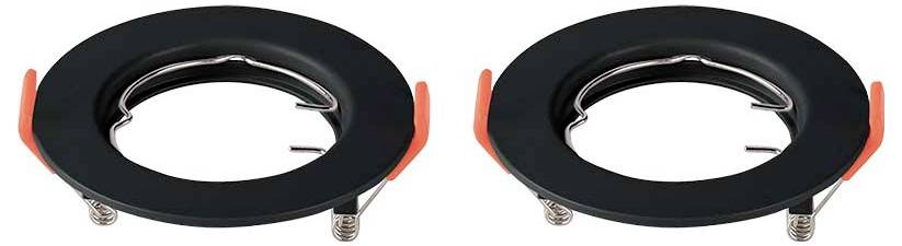 Deux anneaux en plastique noir avec des languettes rouges, probablement des pièces d'un système de montage ou de fixation, présentés côte à côte sur un fond blanc.