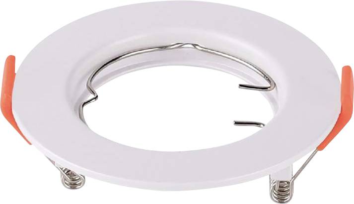 Un anneau de montage circulaire blanc pour projecteur, équipé de ressorts métalliques et de clips latéraux oranges, utilisé pour l'installation de luminaires encastrés au plafond.