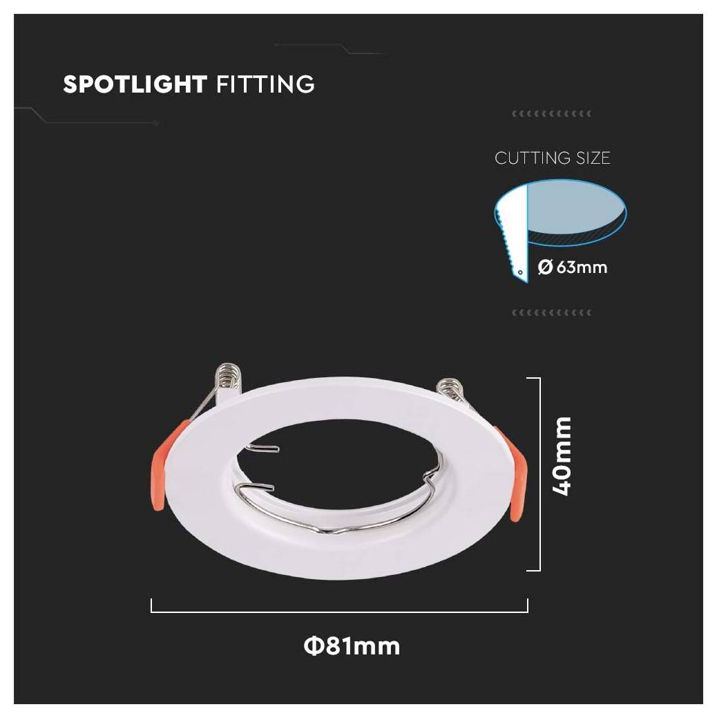 Spot encastrable avec dimensions : diamètre extérieur 81 mm, hauteur 40 mm. Taille de découpe : diamètre 63 mm. Design circulaire avec clips oranges.