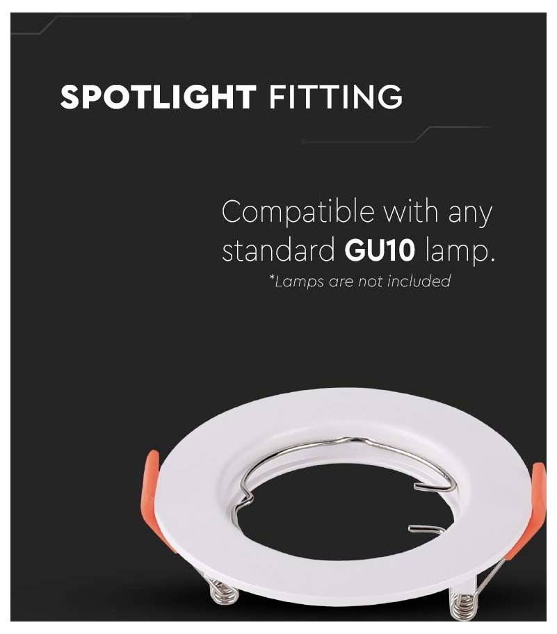 Spot encastrable. Compatible avec toute lampe standard GU10. *Les lampes ne sont pas incluses.' L'image montre un spot rond sur un fond noir.