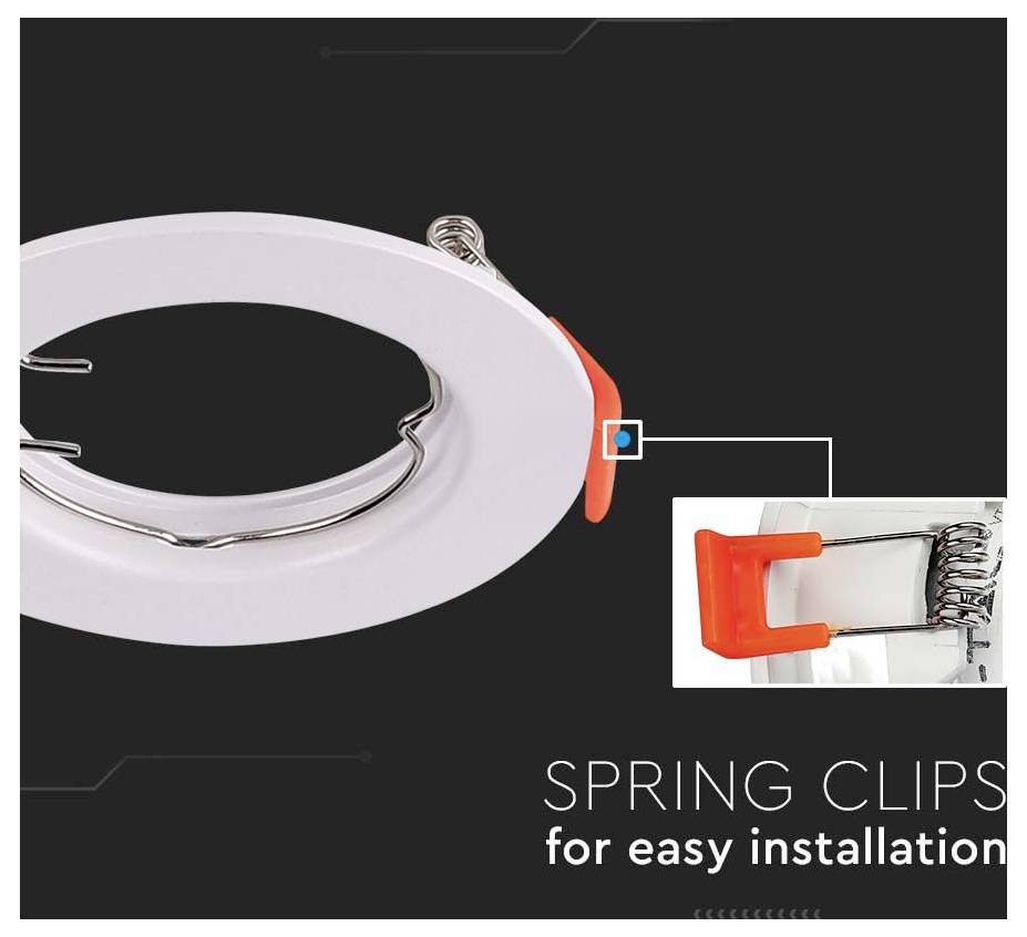 Des clips de ressort pour une installation facile sont présentés avec une image d'un cadre blanc rond en plastique comportant un clip orange, illustrant son utilisation.