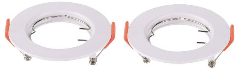 Deux spots encastrés circulaires blancs avec des clips orange et des ressorts métalliques, conçus pour une installation au plafond.