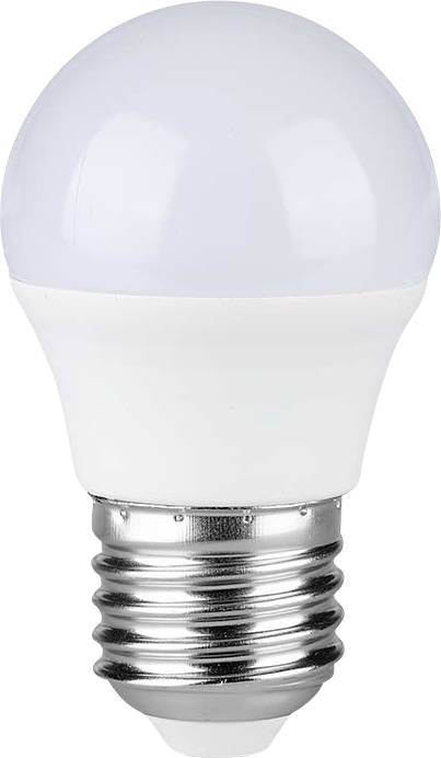 Une ampoule LED blanche avec une base à vis argentée, présentée sur un fond blanc uni.